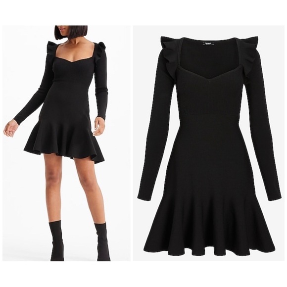 Express Black Sweetheart Neck Ruffle Fit & Flare Sweater Knit Dress Size XL - Picture 1 of 8